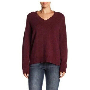 Melrose And Market Destroyed Detail V Neck Sweater Burgundy Fig Size S
